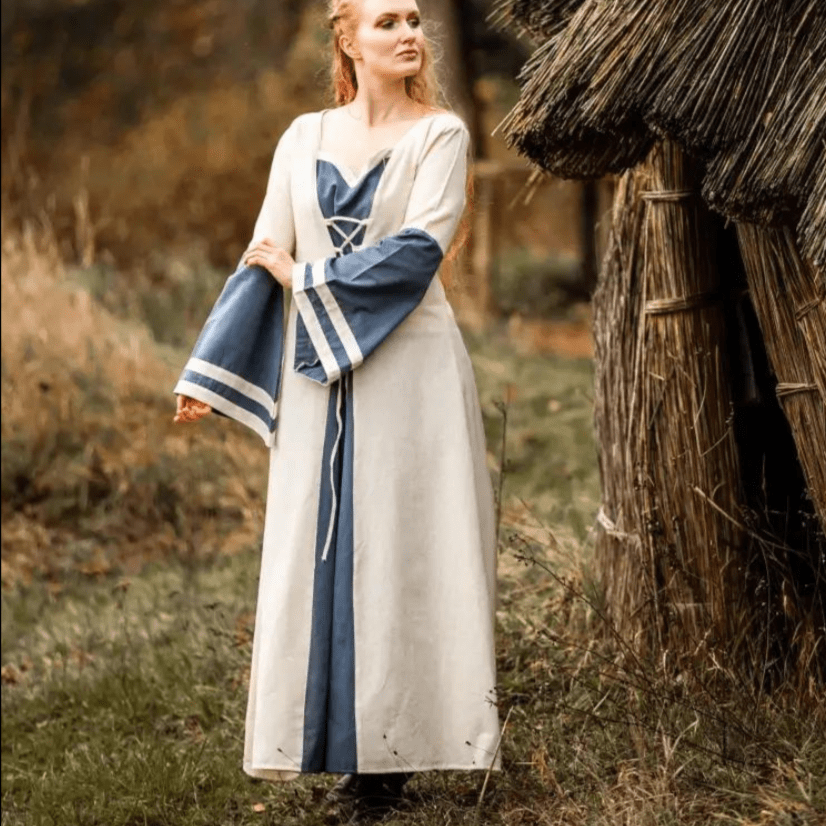 Renaissance Style Dress - Exquisite Long Sleeves in Natural and Blue, Featuring Traditional Lacing