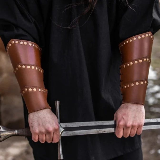 Brown Leather Renaissance Vambraces | Rivet Detailing & Arm Protection