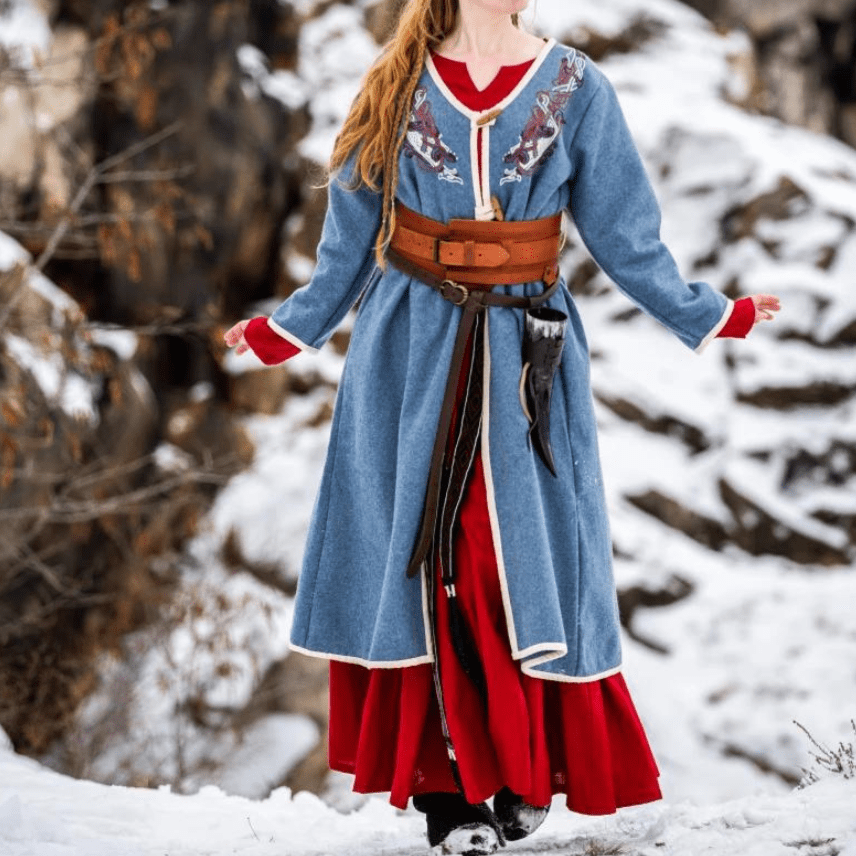 Women's Blue Wool Viking-Inspired Coat | Urnes Embroidery-6-Viking Warrior