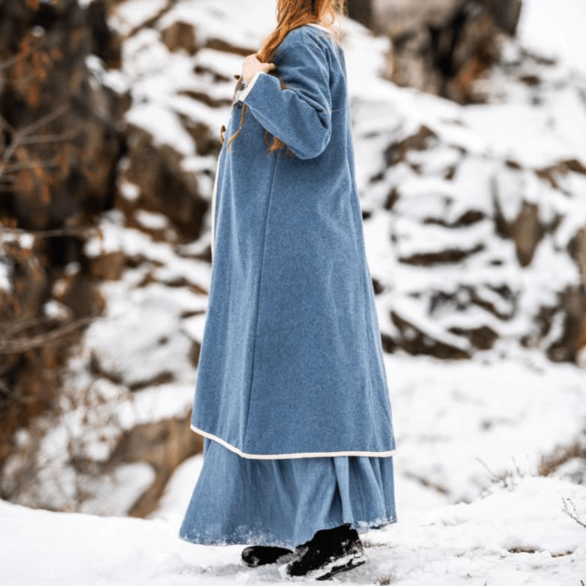 Women's Blue Wool Viking-Inspired Coat | Urnes Embroidery-7-Viking Warrior