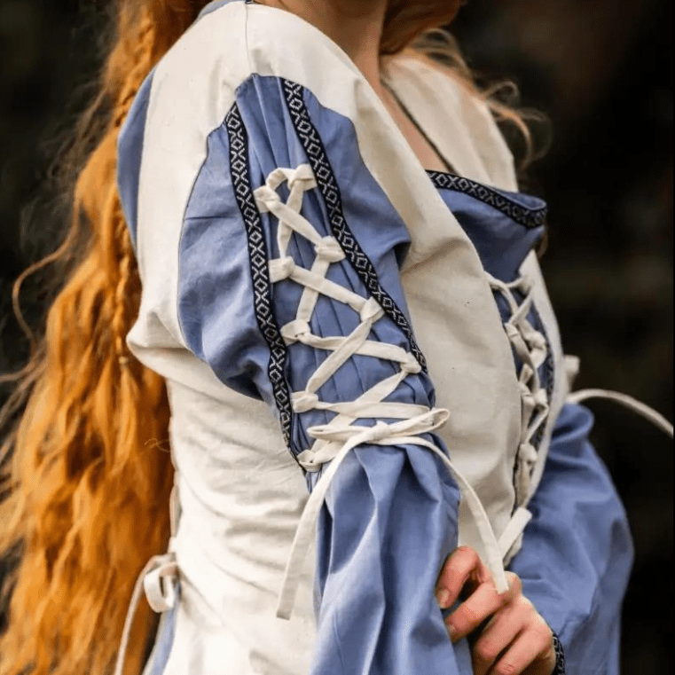 Viking Dress with Borders and Laces - Natural and Blue-5-Viking Warrior