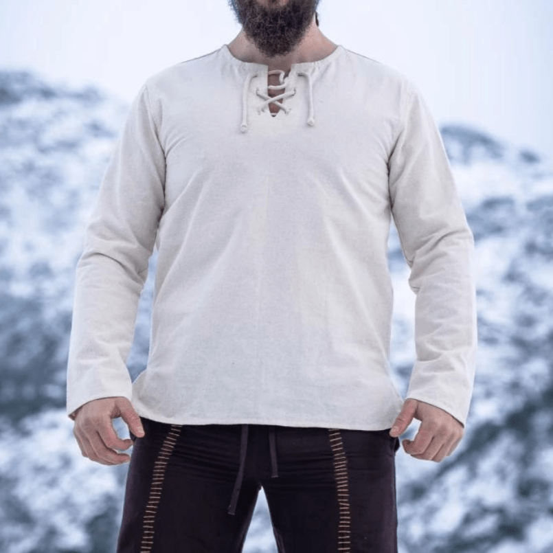 Natural Cotton Viking Tunic | Long Sleeves, Lace-Up Collar-9-Viking Warrior