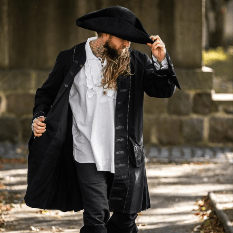 Black Long Frock Coat | Wide Rolled Sleeves with Metal Buttons-3-Viking Warrior