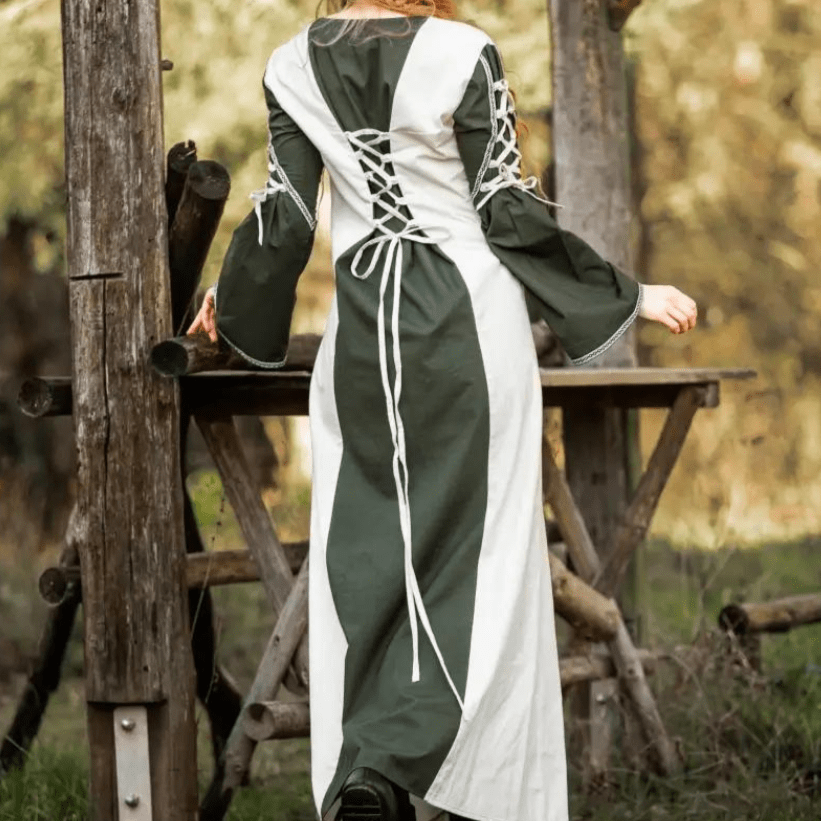 Viking Dress With Laces - Natural and Green Dress with Border-7-Viking Warrior