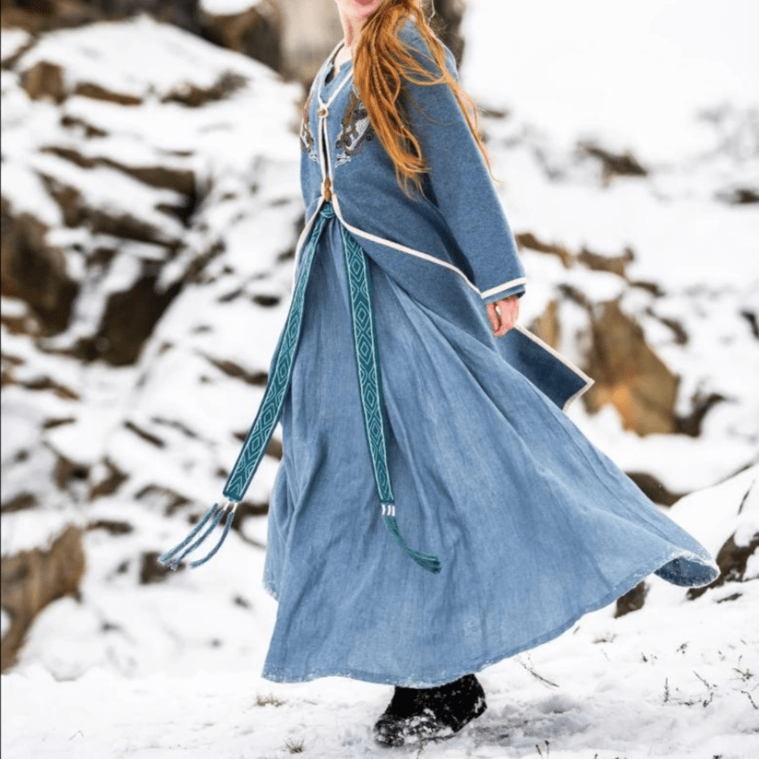 Women's Blue Wool Viking-Inspired Coat | Urnes Embroidery-8-Viking Warrior