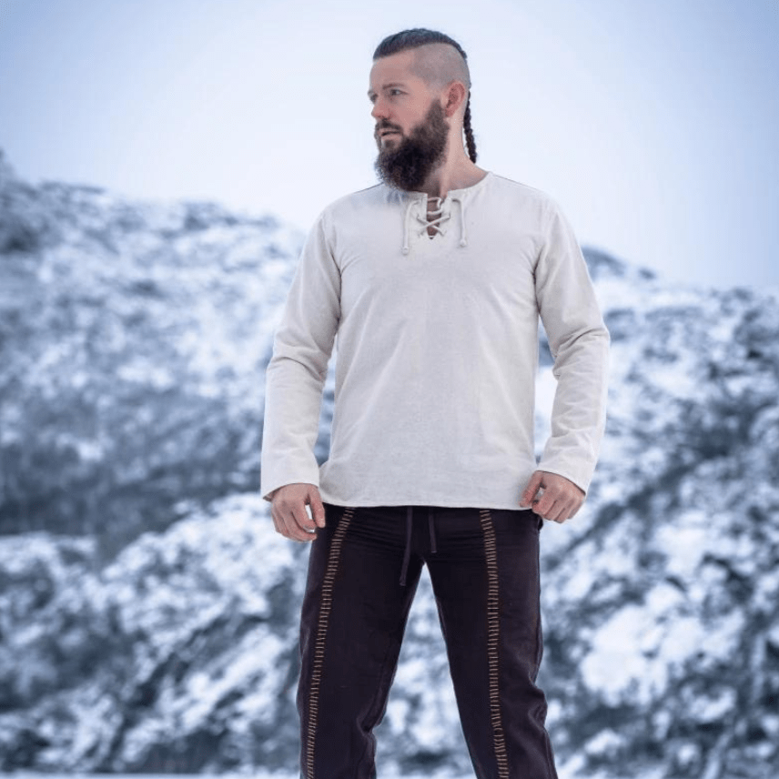 Natural Cotton Viking Tunic | Long Sleeves, Lace-Up Collar-2-Viking Warrior