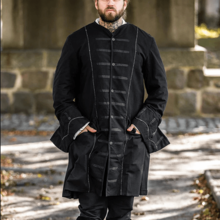 Black Long Frock Coat | Wide Rolled Sleeves with Metal Buttons-6-Viking Warrior