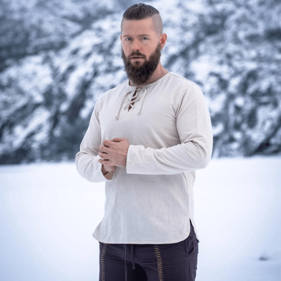 Natural Cotton Viking Tunic | Long Sleeves, Lace-Up Collar-6-Viking Warrior