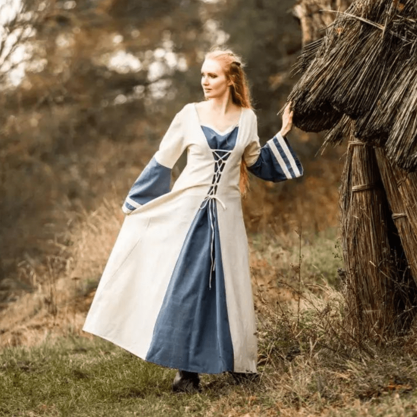 Viking Dress - Long Sleeves in Natural and Blue with Lacing-6-Viking Warrior