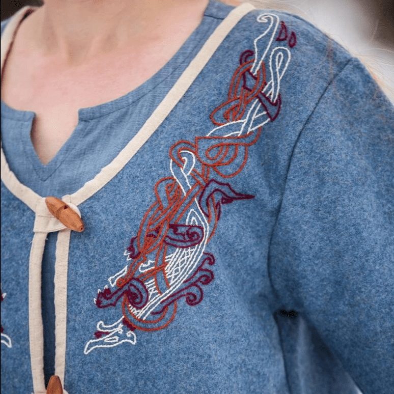 Women's Blue Wool Viking-Inspired Coat | Urnes Embroidery-3-Viking Warrior