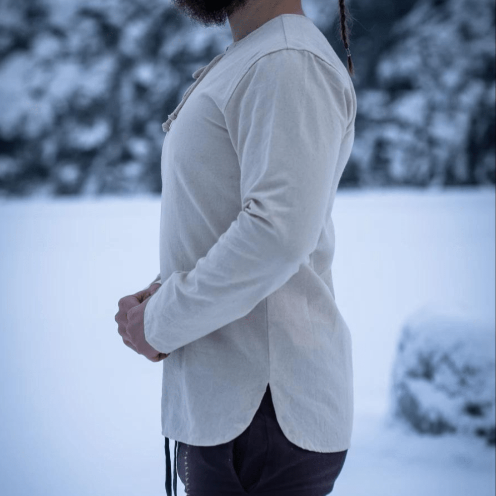 Natural Cotton Viking Tunic | Long Sleeves, Lace-Up Collar-10-Viking Warrior