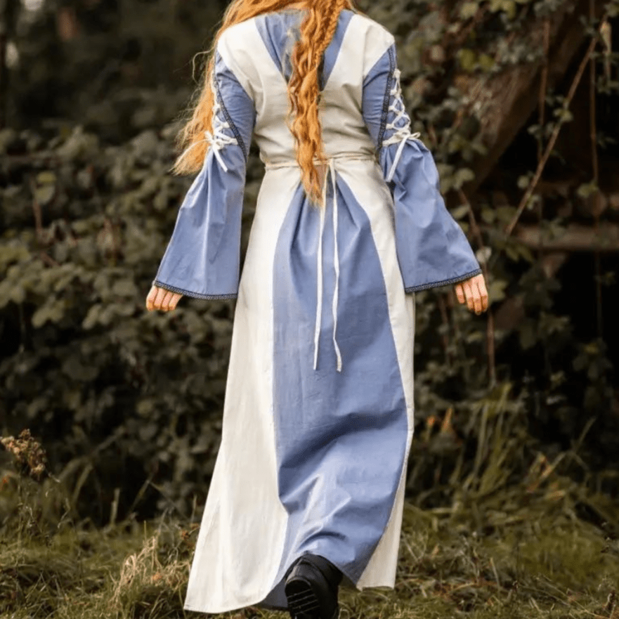Viking Dress with Borders and Laces - Natural and Blue-2-Viking Warrior