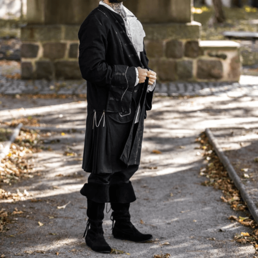 Black Long Frock Coat | Wide Rolled Sleeves with Metal Buttons-5-Viking Warrior