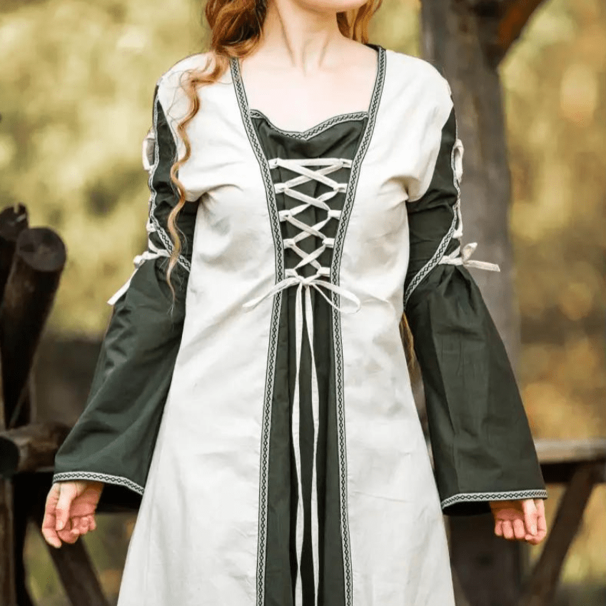 Viking Dress With Laces - Natural and Green Dress with Border-3-Viking Warrior