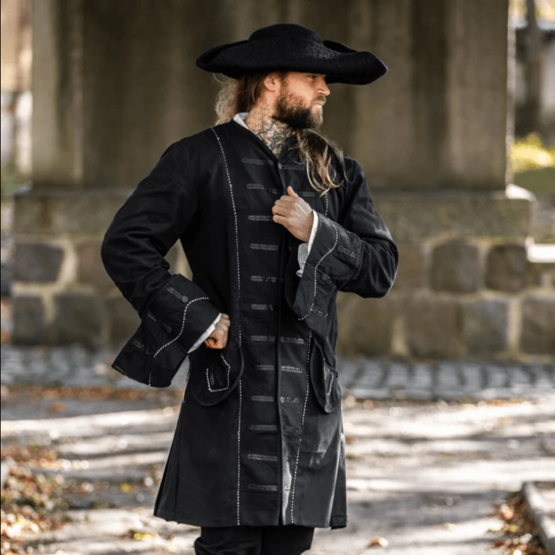 Black Long Frock Coat | Wide Rolled Sleeves with Metal Buttons-1-Viking Warrior