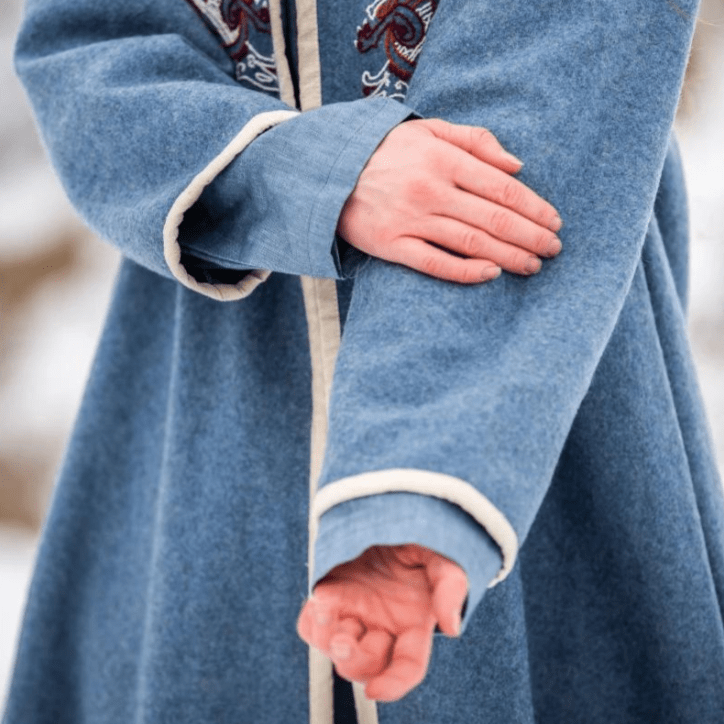 Women's Blue Wool Viking-Inspired Coat | Urnes Embroidery-4-Viking Warrior