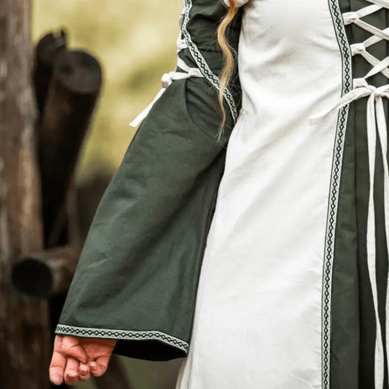 Viking Dress With Laces - Natural and Green Dress with Border-8-Viking Warrior
