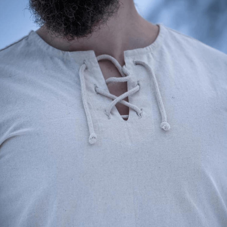 Natural Cotton Viking Tunic | Long Sleeves, Lace-Up Collar-7-Viking Warrior