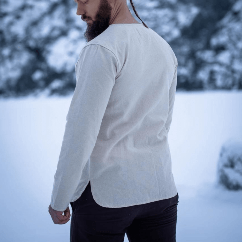 Natural Cotton Viking Tunic | Long Sleeves, Lace-Up Collar-5-Viking Warrior