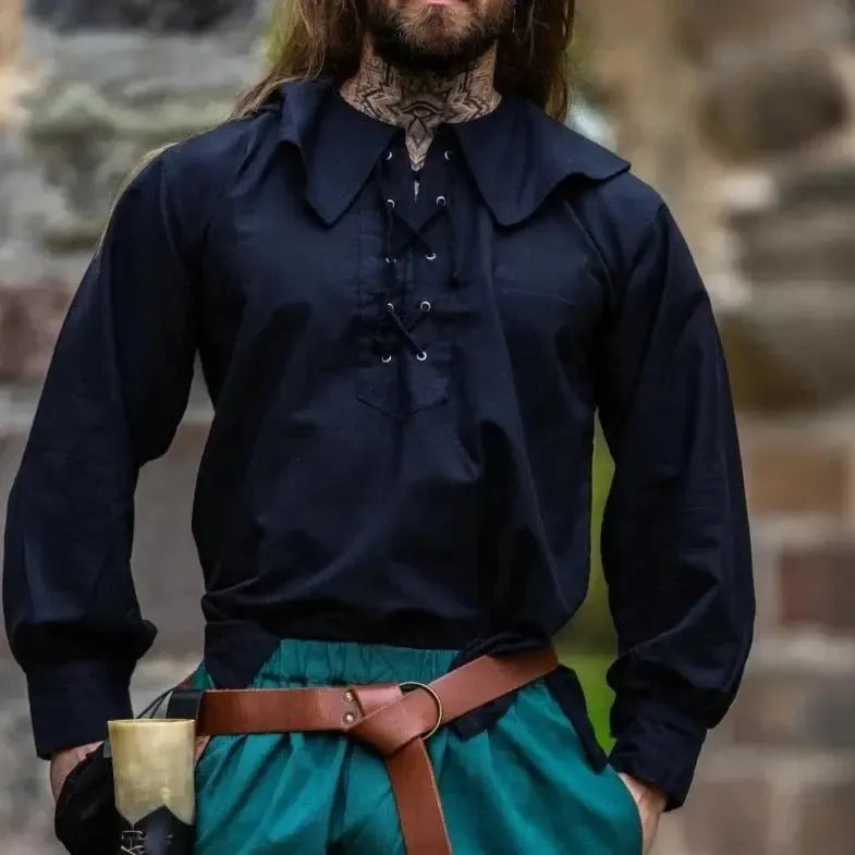 Black Renaissance cotton shirt with wide round collar, front lacing, and voluminous sleeves.