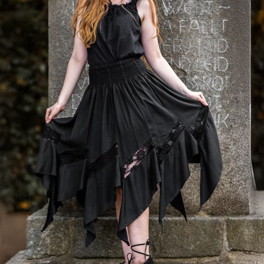 Black Renaissance skirt with elastic waist, flowing silhouette, and lace detailing at the hem.