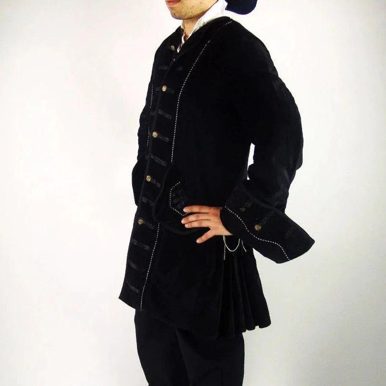 Black with Red Trim Long Velvet Frock Coat | Wide Rolled Sleeves-3-Viking Warrior