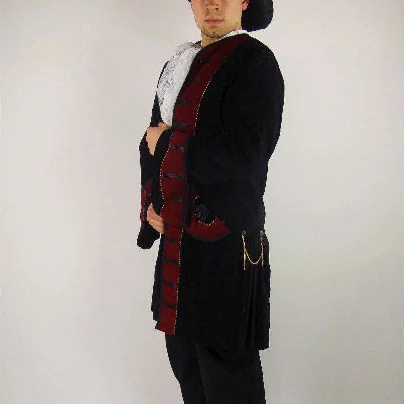 Black with Red Trim Long Velvet Frock Coat | Wide Rolled Sleeves-4-Viking Warrior