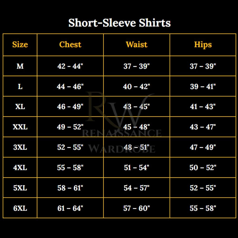 Renaissance short-sleeve shirt size chart with chest, waist, and hip measurements from M to 6XL.