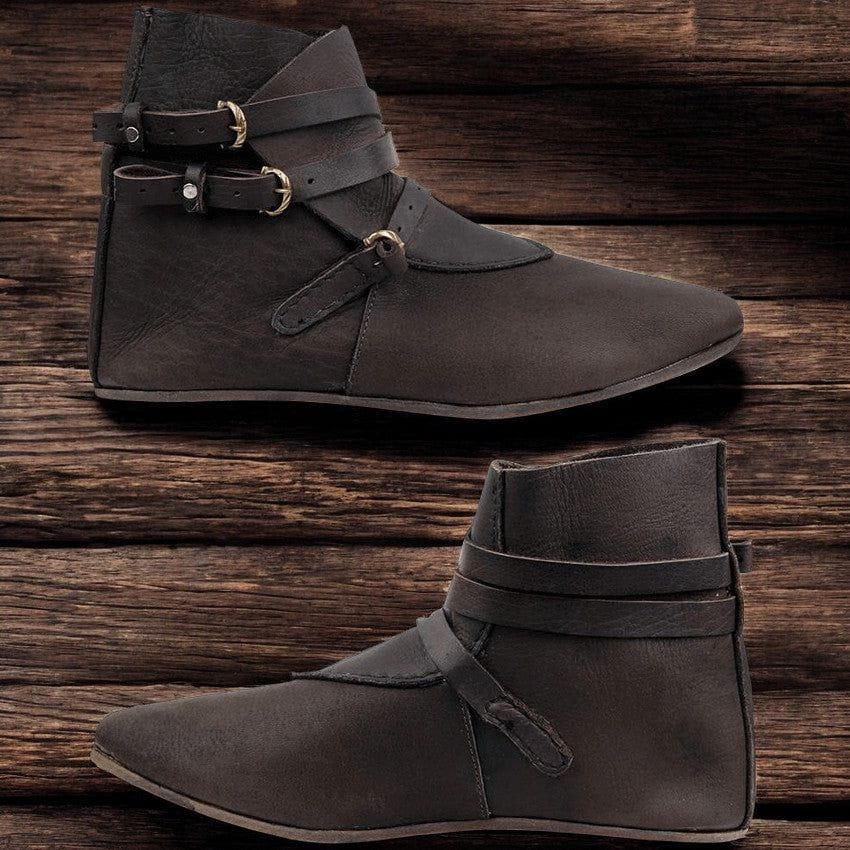 Brown leather Renaissance ankle boots with triple brass buckles, shown from two angles.