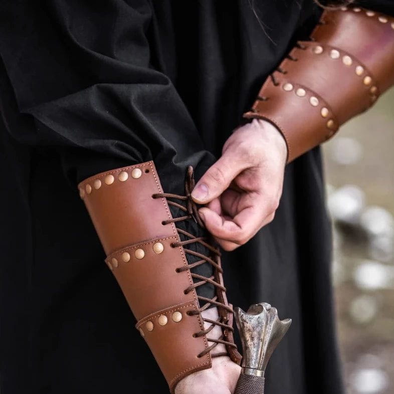 Brown Leather Renaissance Vambraces | Rivet Detailing & Arm Protection-Renaissance Wardrobe