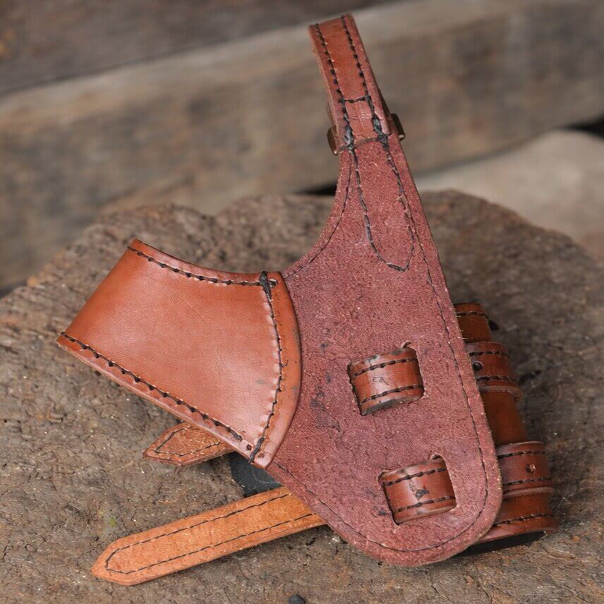 Brown Renaissance leather sword frog with brass buckles for right-handed draw.
