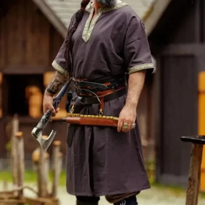 Dark Brown Viking Tunic with Short Sleeves, Embroidered Border-1-Viking Warrior