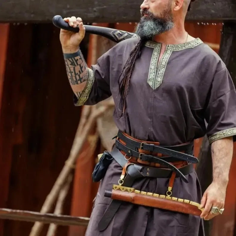 Dark Brown Viking Tunic with Short Sleeves, Embroidered Border-3-Viking Warrior