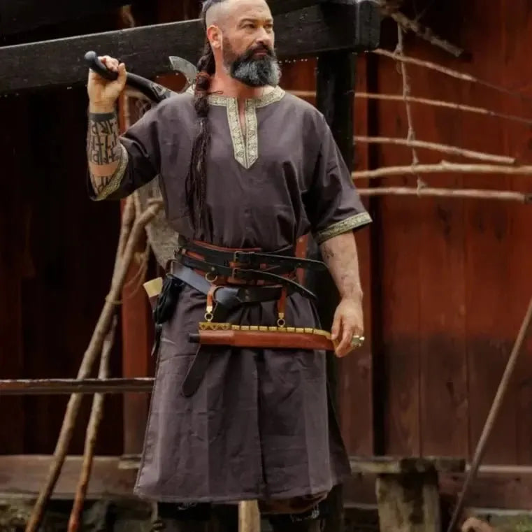 Dark Brown Viking Tunic with Short Sleeves, Embroidered Border-4-Viking Warrior