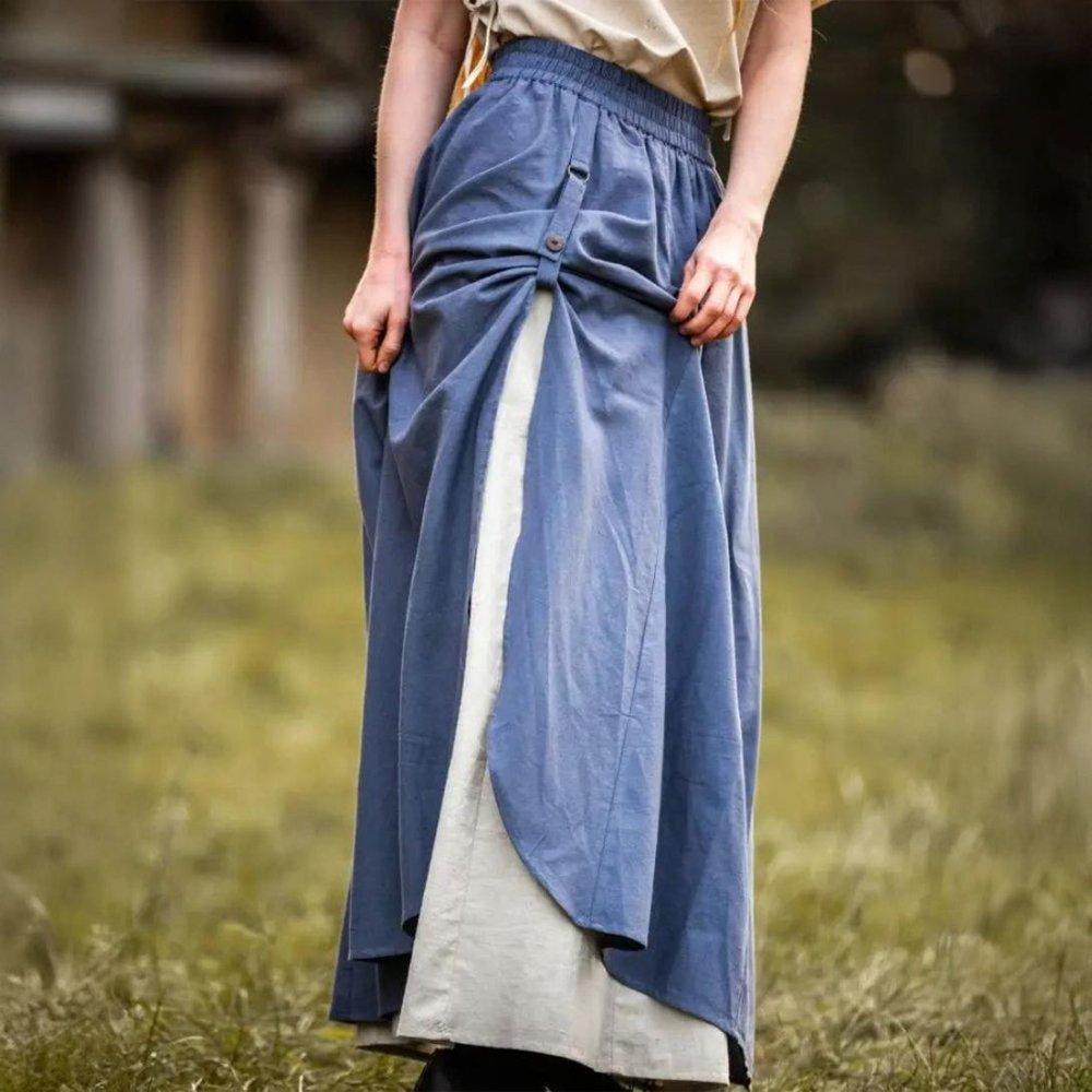 Blue and natural double-layer Renaissance skirt with adjustable front slit and elastic waistband.