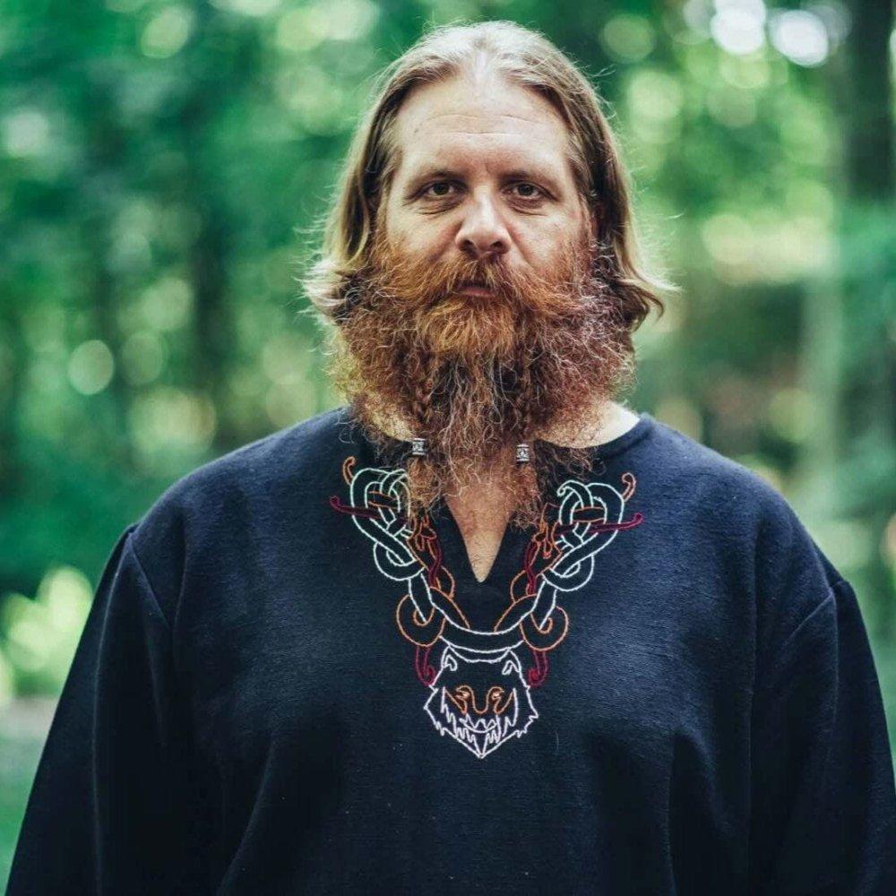 Black Viking Tunic with Fenrir Wolf Embroidery | Long Sleeve-2-Viking Warrior
