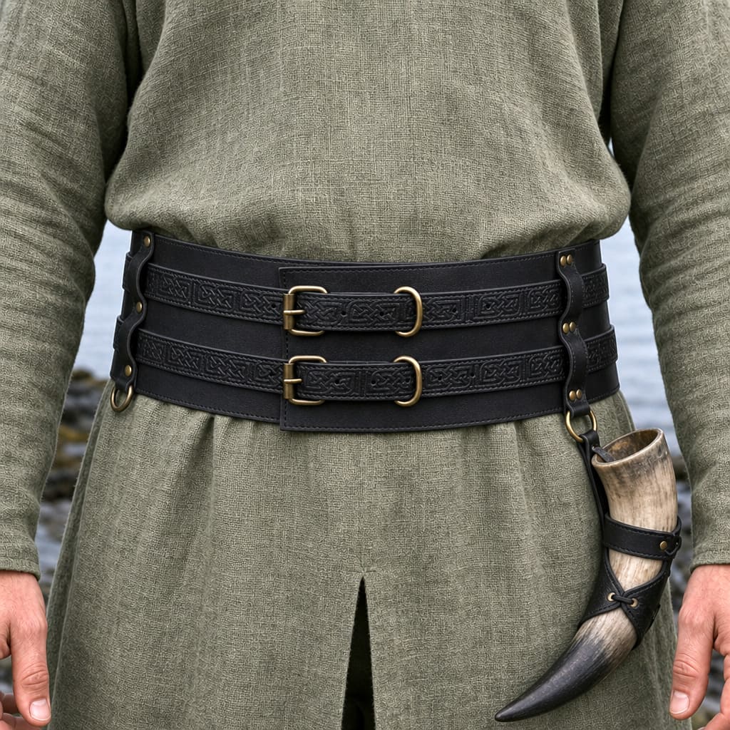 Thick Leather Renaissance Black Belt | Unique Double Design