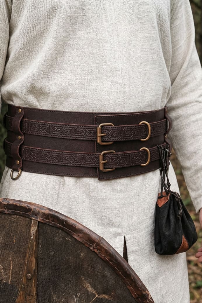 A close-up of a person wearing a wide, multi-strand dark brown renaissance leather belt with engraved patterns and brass-tone buckles, styled over a light linen tunic with a small pouch hanging from the side.
