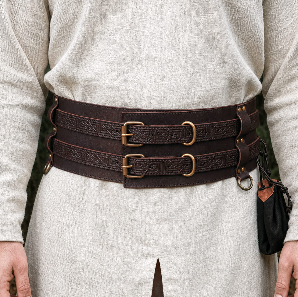 Thick Leather Renaissance Weapons Belt - Brown | Unique Double Design Belt