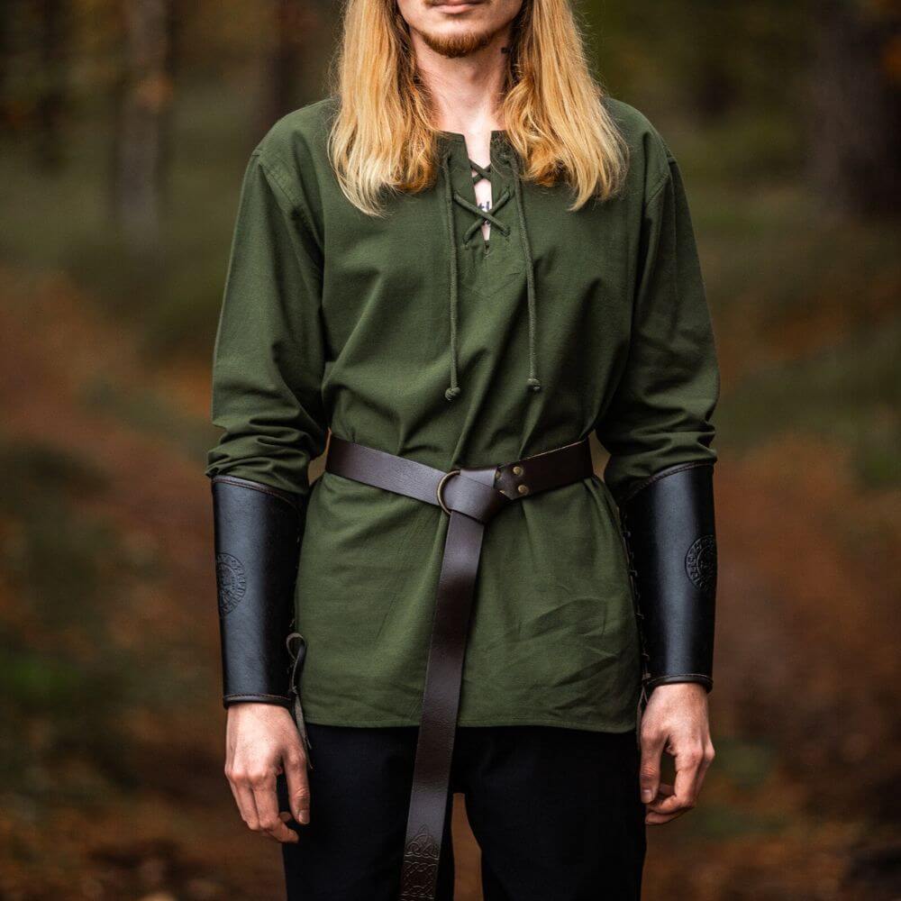 Green cotton Renaissance tunic with long sleeves, lace-up collar, and a brown leather belt.