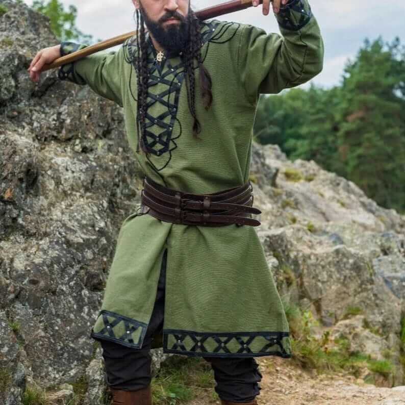 Green Renaissance long-sleeve tunic with genuine leather accents and a brown belt.