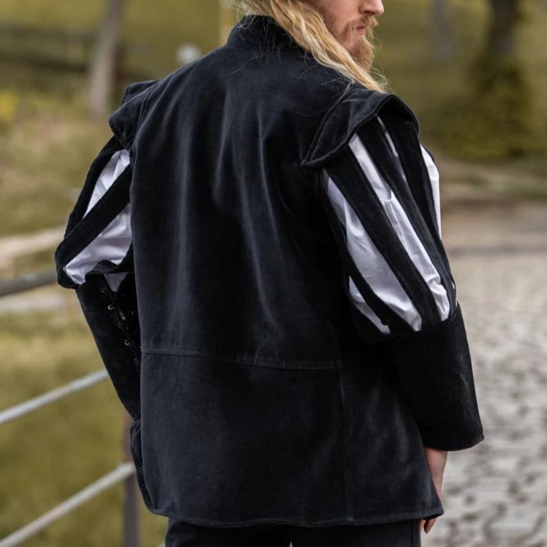 Black Landsknecht-Inspired Jacket | Slit Puff Sleeves & Velvet-4-Viking Warrior