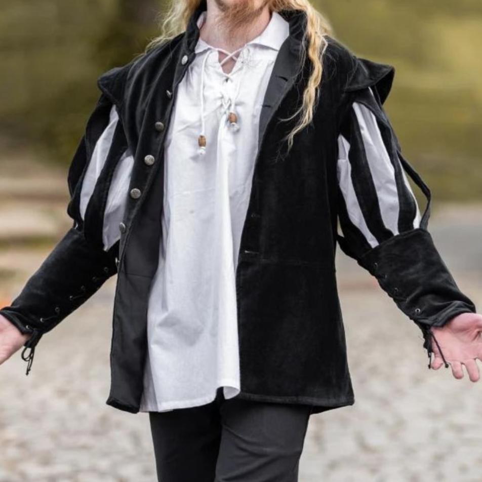 Black velvet Renaissance mercenary jacket with white split puff sleeves and wooden buttons.