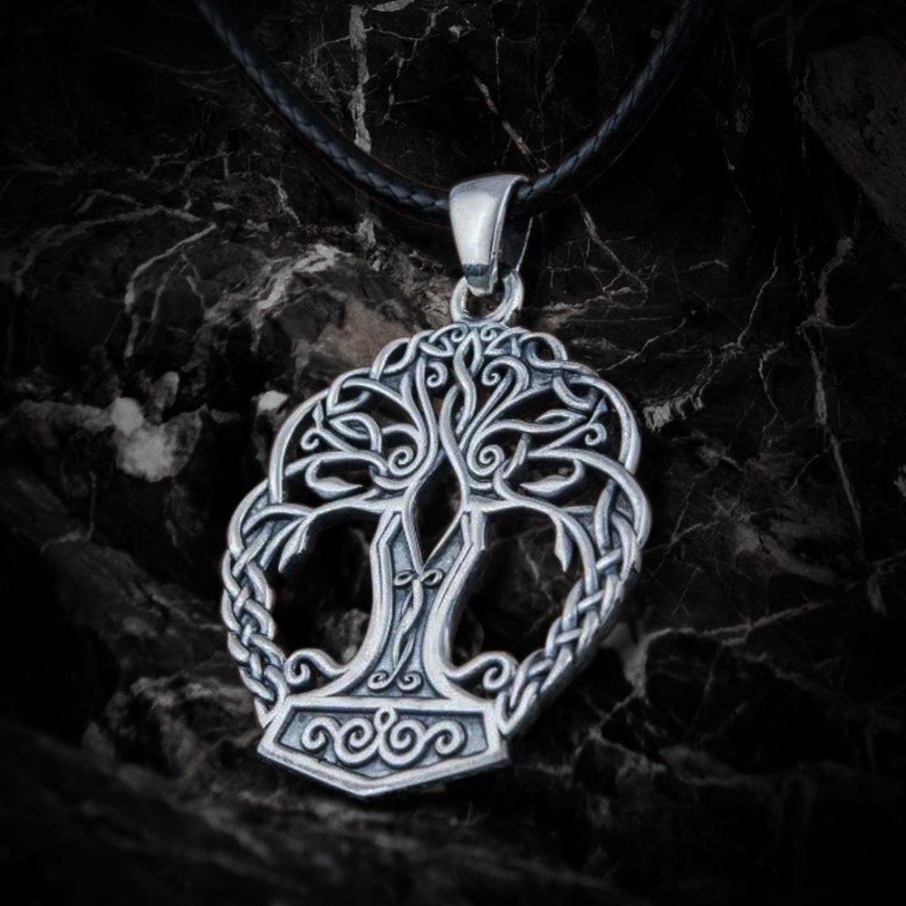 Renaissance 925 sterling silver Yggdrasil tree pendant, 1.25x1.15 inches, on a black cord.