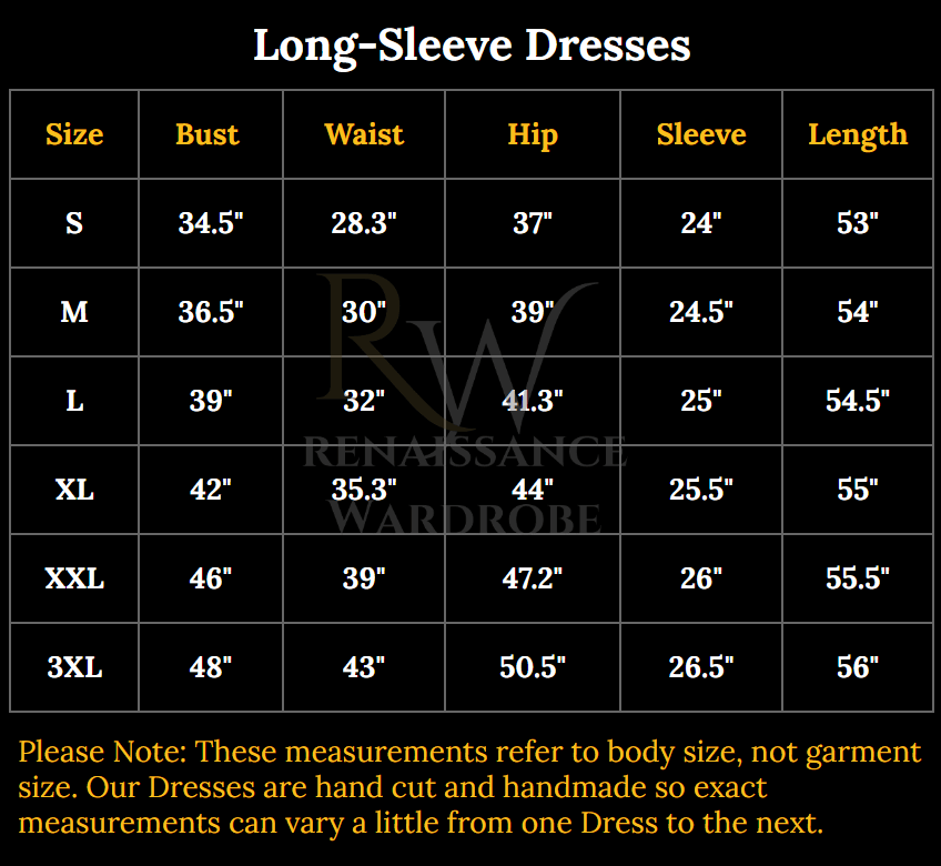 Renaissance dress size chart with bust, waist, hip, sleeve, and length measurements for S-3XL.