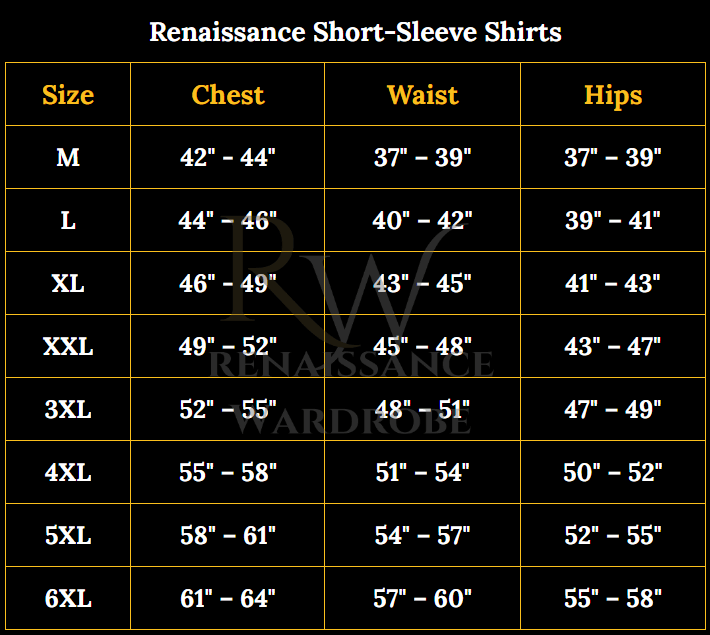 Renaissance Short-Sleeve Shirts size chart with chest, waist, and hips measurements on a black background.