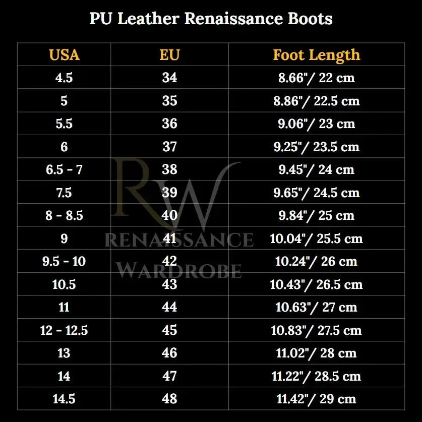 Renaissance boot size chart with US, EU, and foot length measurements in inches and centimeters.