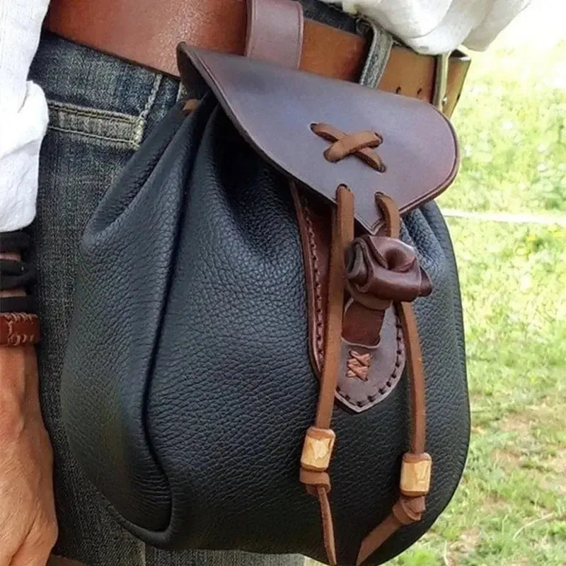 Black PU leather Renaissance belt pouch with brown drawstring cover and decorative stitching.