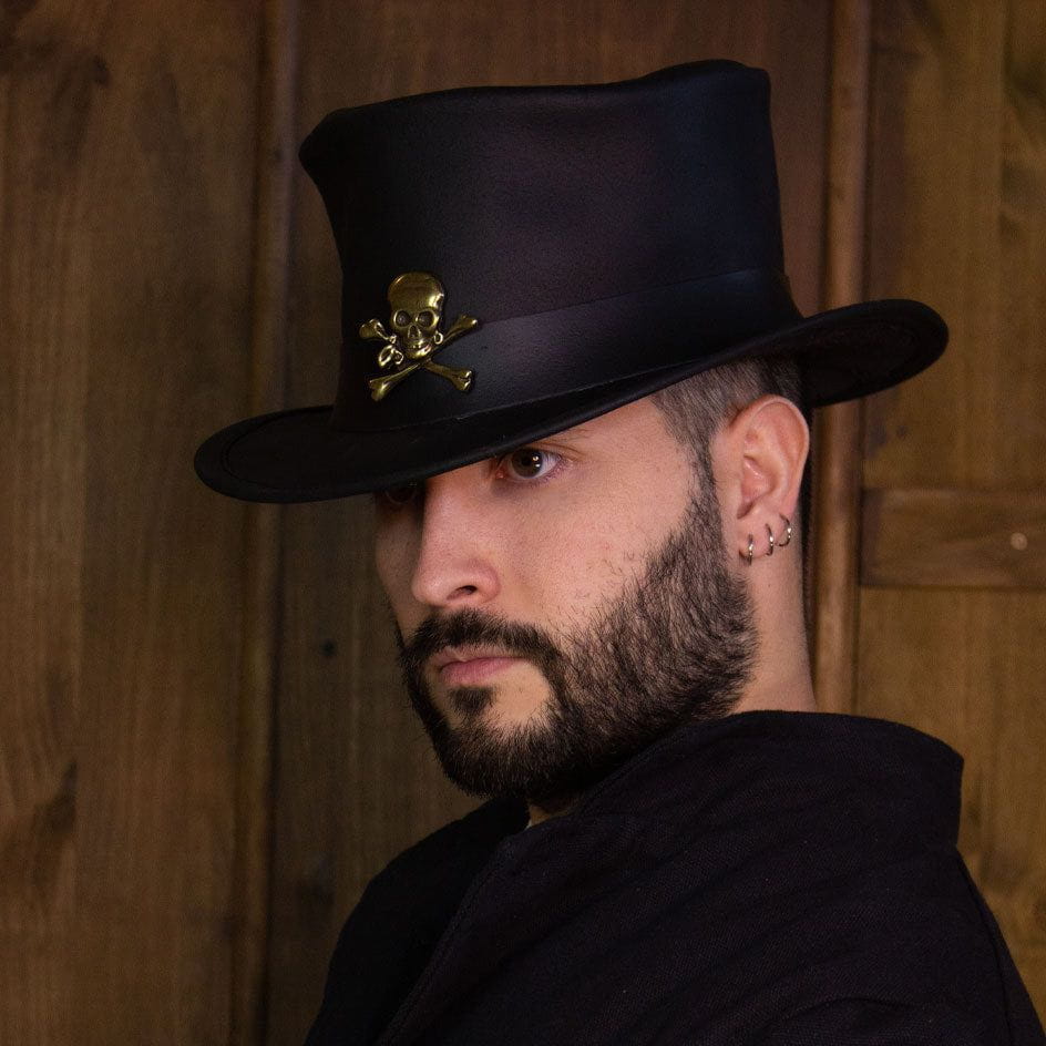 Black Leather Top Hat | Brass Skull Pin | Victorian Style