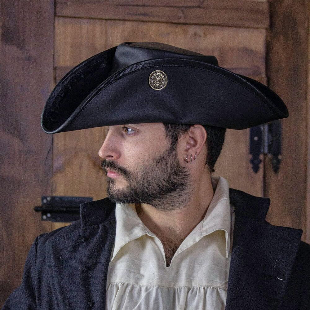 Leather Maritime Tricorn | Brass Dubloon Pin | Double-Stitched Edges